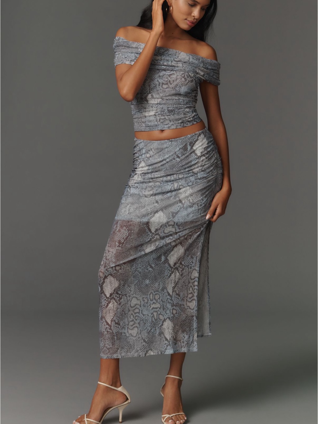 Mesh Rouche Maxi Skirt & One Shoulder Top